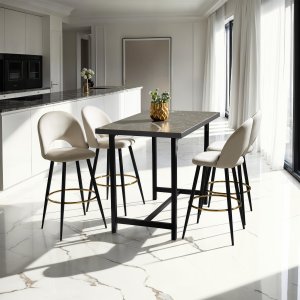 Krzesło barowe Sachel z oparciem, wygląd aksamitu - kremowy/czarny, Zestaw 6 sztuk 3