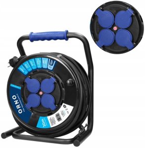 Przedłużacz bębnowy profesjonalny IP44, 4 gniazda 2P+Z, kabel gumowy olejoodporny, H07RN-F 3x2,5mm?, długość - 30m, unikatowy stojak CUBE, STAŁE GNIAZDA, termik, przesłony torów prądowych 1