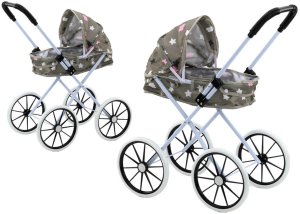 Wózek Dla Lalek Duże Koła Składany Gwiazdki Chmurki Szary 70cm LEAN Toys 1