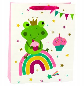 LeanToys Torba Prezentowa Żaba z Koroną Tęcza Biało Różowa 32x26x10cm 2