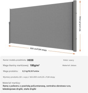 Markiza boczna parawan na taras roleta przeciwsłoneczna szara 160 x 300 cm 2