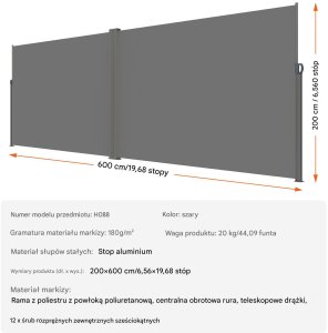 Vevor Markiza boczna parawan osłona na taras roleta przeciwsłoneczna 200 x 600 cm 6