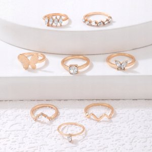 Złote ZESTAW PIERŚCIONKÓW RETRO PUNK VINTAGE 8 Sztuk KLASYCZNE Kryształy 4