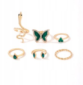 Złoto ZESTAW PIERŚCIONKÓW RETRO PUNK VINTAGE 6 Sztuk WĄŻ MOTYL Zielony 2