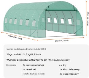 Vevor Tunel foliowy ogrodowy szklarnia 17m2 5.9x2.95x1.98 m 4