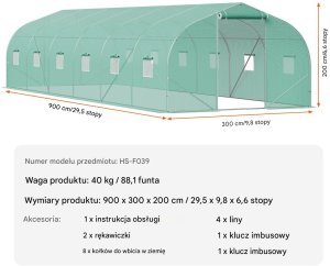 Vevor Tunel foliowy ogrodowy szklarnia 27m2 9x3x2 m 6