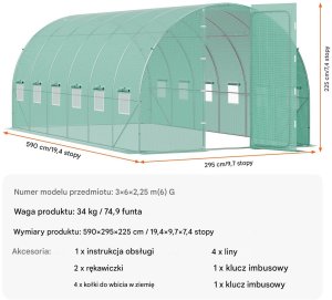 Vevor Tunel foliowy ogrodowy szklarnia 17m2 5.9x2.95x2.25 m 4
