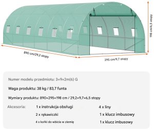 Tunel foliowy ogrodowy szklarnia 26m2 8.9x2.95x2.25 m 8
