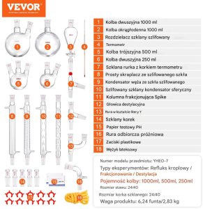 Zestaw szkła laboratoryjnego do destylacji 1000 ml 4 kolby 6