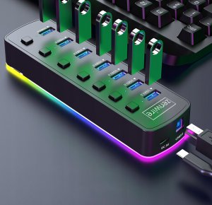 HUB 7x USB 3.0 Aktywny 7w1 Rozgałęźnik Portów Rozdzielacz USB-C RGB LED 5GB 11