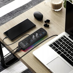 HUB 7x USB 3.0 Aktywny 7w1 Rozgałęźnik Portów Rozdzielacz USB-C RGB LED 5GB 2