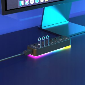 HUB 7x USB 3.0 Aktywny 7w1 Rozgałęźnik Portów Rozdzielacz USB-C RGB LED 5GB 6