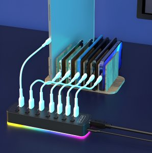 HUB 7x USB 3.0 Aktywny 7w1 Rozgałęźnik Portów Rozdzielacz USB-C RGB LED 5GB 10