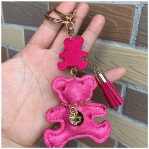 Brelok do kluczy skórzany MIŚ fuksja, frędzle BRL357 5