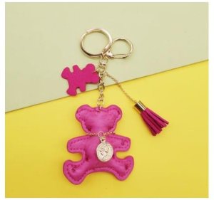 Brelok do kluczy skórzany MIŚ fuksja, frędzle BRL357 6