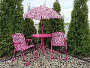 JEDNOROŻEC ZESTAW STÓŁ STOLIK 2 KRZESŁA Z PARASOLEM PARASOL DZIECI OGRODOWY 2