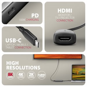 AXAGON RVC-HI8KPD, USB-C -> HDMI 2.1 konwerter / adapter, 8K/60Hz, 4K/144Hz, HDR10+, PD100W 2