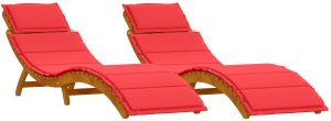Leżaki z poduszkami 2 szt. Czerwone, z litego drewna akacjowego 2