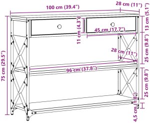 Stolik Konsolowy Czarny Dąb 100x28x75 cm Drewno Inżynieryjne i Stal 11