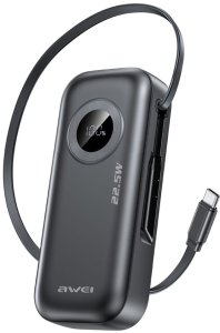 AWEI PowerBank PA-9 10000mAh 22.5W       z wyciąganym kablem czarny/black 1