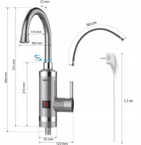 Przepływowy podgrzewacz wody pionowy, wyświetlacz, szary VA0321 VAYOX 3