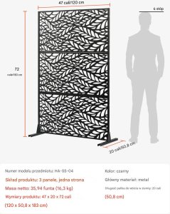 Vevor Metalowy Parawan 3-Częściowy Czarny Stylowa Osłona do Ogrodu 183 cm 2