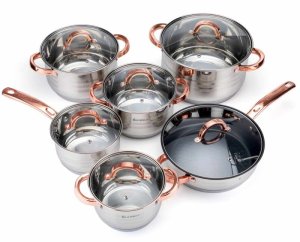 Garnki stalowe 16/16/18/20/24/24 cm zestaw 12 elementowy patelnia rondel Elitehoff E 4403 uchwyty Rose Gold indukcja gaz 2