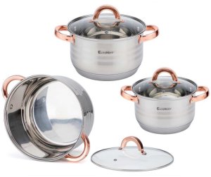 Garnki stalowe 16/16/18/20/24/24 cm zestaw 12 elementowy patelnia rondel Elitehoff E 4403 uchwyty Rose Gold indukcja gaz 4