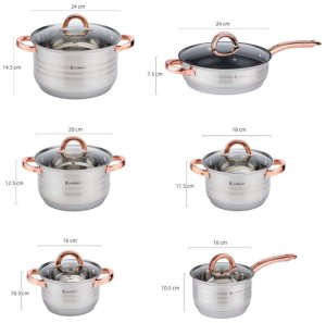 Garnki stalowe 16/16/18/20/24/24 cm zestaw 12 elementowy patelnia rondel Elitehoff E 4403 uchwyty Rose Gold indukcja gaz 6