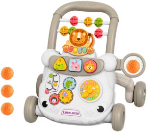 Chodzik Edukacyjny Interaktywny Pchacz Klocki Zegar Koła Zębate Szary 3