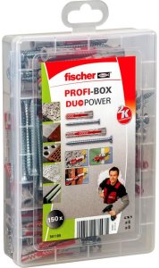 MIX Kołki rozporowe uniwersalne w pudełku DuoPower 6x30, 6x50, 8x40, 8x65 z wkrętem z łbem stożkowym PZ 150 elementów PROFI-BOX 1