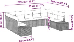 vidaXL Zestaw Sofy Ogrodowej Zestaw 9 Szary Rattan Sofa Ogrodowa 8