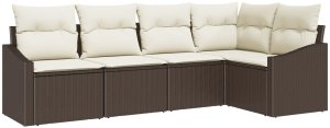 vidaXL Zestaw Sofy Ogrodowej Zestaw 5 Brązowy, Kremowy Rattan, Poliester 2