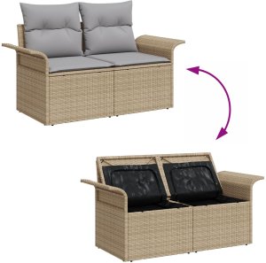 vidaXL Sofa ogrodowa 2-osobowa z miejscem na przechowywanie i poduszkami Beżowy Poli Rattan 9