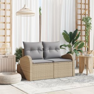 vidaXL Sofa ogrodowa 2-osobowa z miejscem do przechowywania i poduszkami Beżowy Polirattan 1