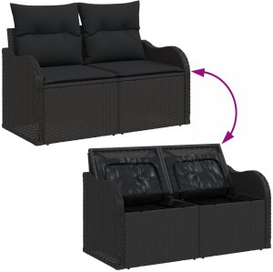 vidaXL 2-osobowa sofa ogrodowa z miejscem do przechowywania i poduszkami czarny polirattan 8