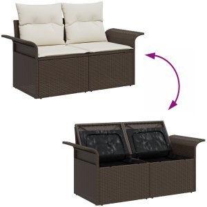 vidaXL 2-osobowa sofa ogrodowa z miejscem na przechowywanie i poduszkami brązowa polirattan 9