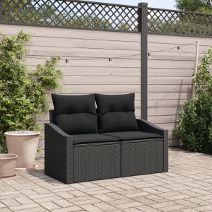Sofa ogrodowa 2-osobowa vidaXL z pojemnikiem i poduszkami czarna polirattan 1