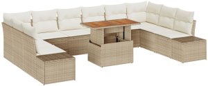 vidaXL Zestaw Sofa Ogrodowa 11-elementowy Beżowy Rattan, Poliester 2
