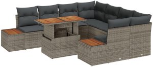 vidaXL Zestaw Sofy Ogrodowej Zestaw 9 Szary Wiklina i Drewno 2