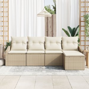 vidaXL Zestaw sofa ogrodowa 5-elementowy Beżowy Rattan, Poliester 3