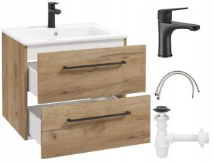 Szafka z umywalką łazienkowa podwieszana 50cm dąb craft z baterią i syfonem Pinia 1
