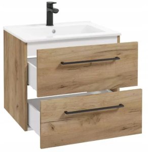 Szafka z umywalką łazienkowa wisząca dąb craft 60cm z baterią i syfonem Pinia 2