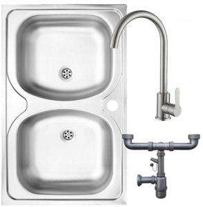 Zlewozmywak dwukomorowy stalowy 80x50 + otwór na baterię + syfon + bateria 1
