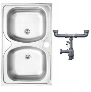 Zlewozmywak dwukomorowy stalowy 80x50 + otwór na baterię + syfon + bateria 2