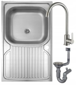 Zlewozmywak jednokomorowy stalowy 80x50+ otwór na baterię + bateria + syfon 1