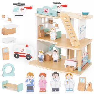 VIGA Drewniany Szpital Z Karetką Winda Zestaw 15 el 1