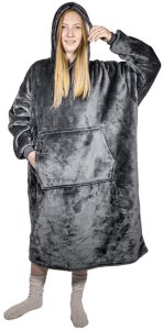 Ponczo telewizyjne z kapturem Hoodie szare - kocobluza z futerkiem, ciepłe, długi rękaw, duża kieszeń 1