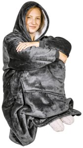 Ponczo telewizyjne z kapturem Hoodie szare - kocobluza z futerkiem, ciepłe, długi rękaw, duża kieszeń 3