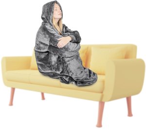 Ponczo telewizyjne z kapturem Hoodie szare - kocobluza z futerkiem, ciepłe, długi rękaw, duża kieszeń 4